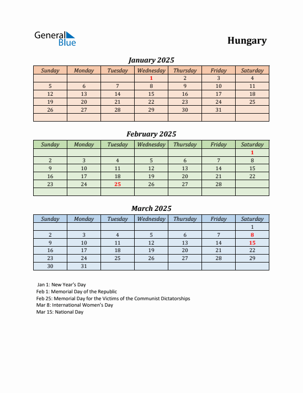 Q1 2025 Holiday Calendar - Hungary