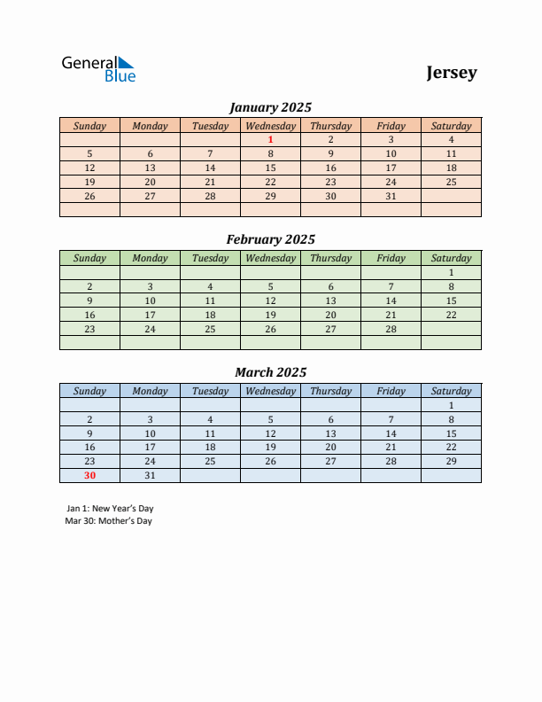 Q1 2025 Holiday Calendar - Jersey