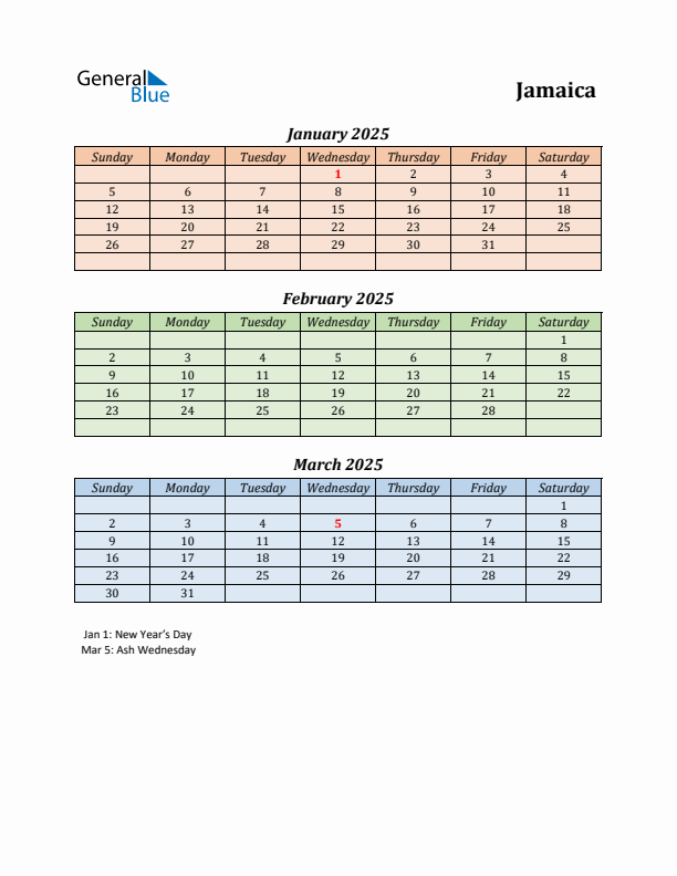 Q1 2025 Holiday Calendar - Jamaica