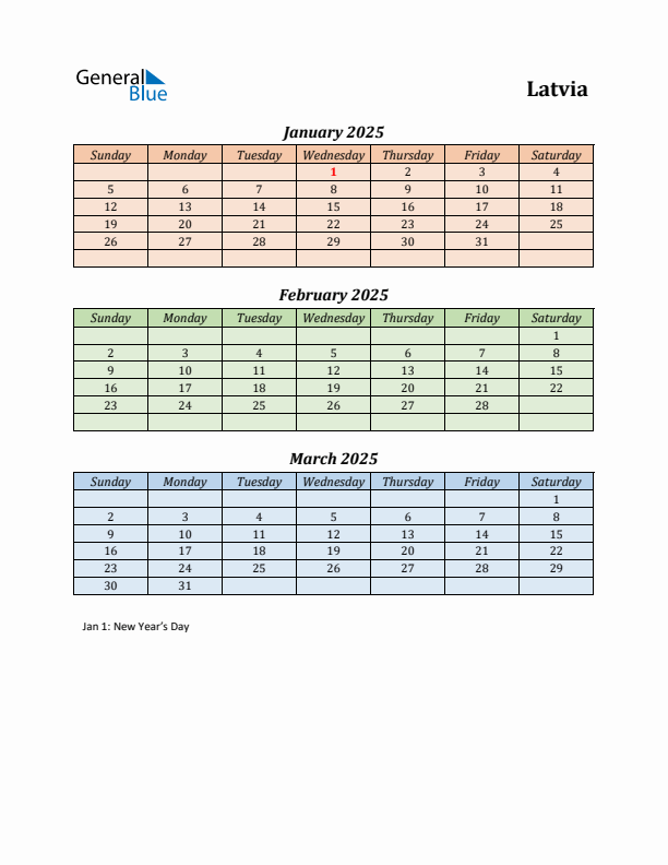 Q1 2025 Holiday Calendar - Latvia