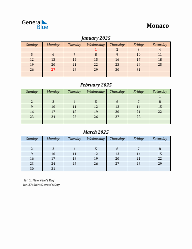 Q1 2025 Holiday Calendar - Monaco