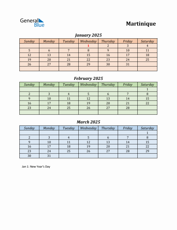 Q1 2025 Holiday Calendar - Martinique