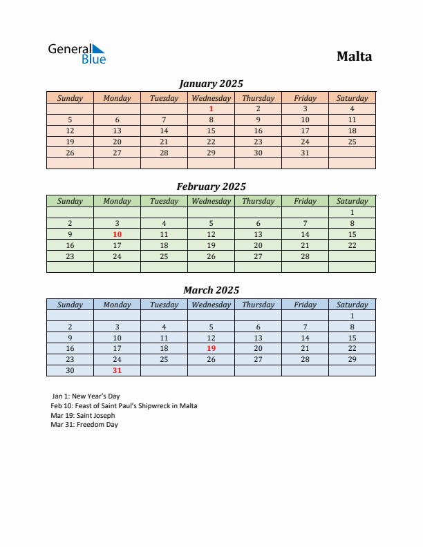 Q1 2025 Holiday Calendar - Malta