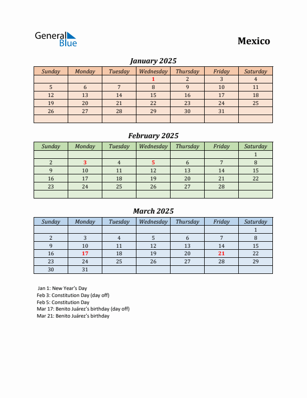 Q1 2025 Holiday Calendar - Mexico