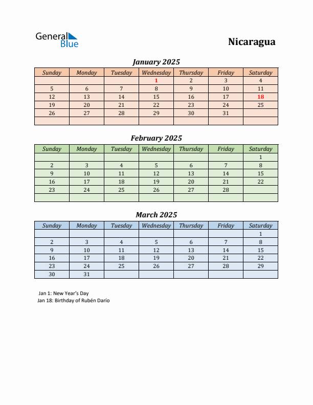 Q1 2025 Holiday Calendar - Nicaragua