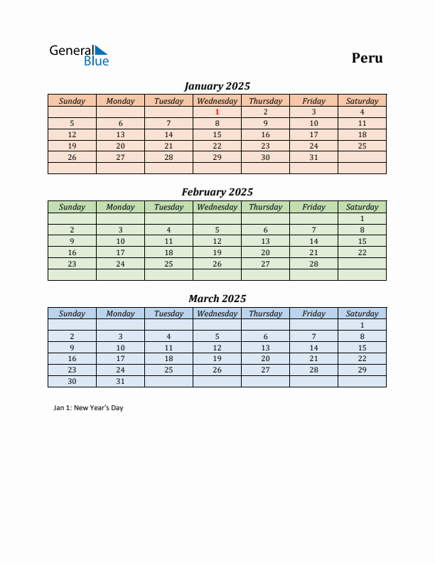 Q1 2025 Holiday Calendar - Peru