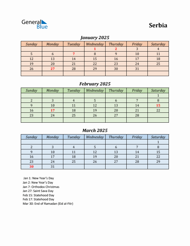 Q1 2025 Holiday Calendar - Serbia