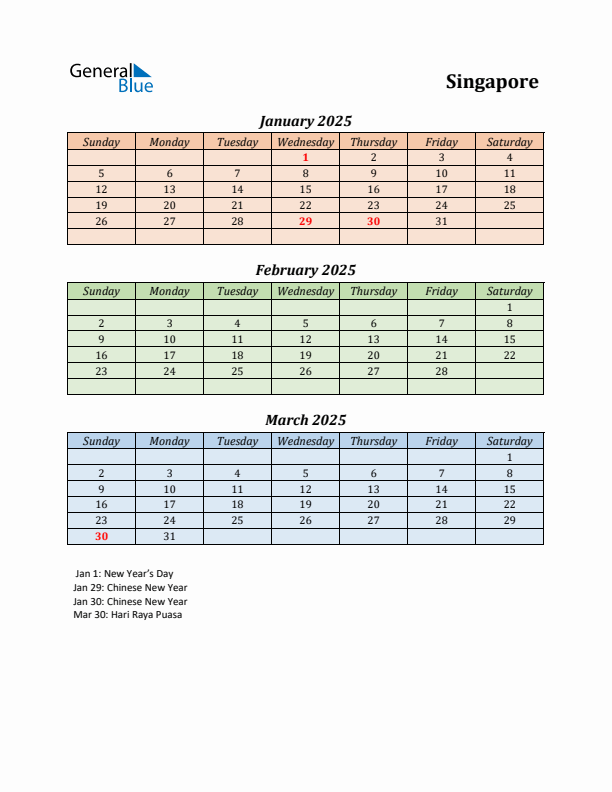 Q1 2025 Holiday Calendar - Singapore