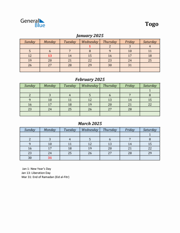 Q1 2025 Holiday Calendar - Togo