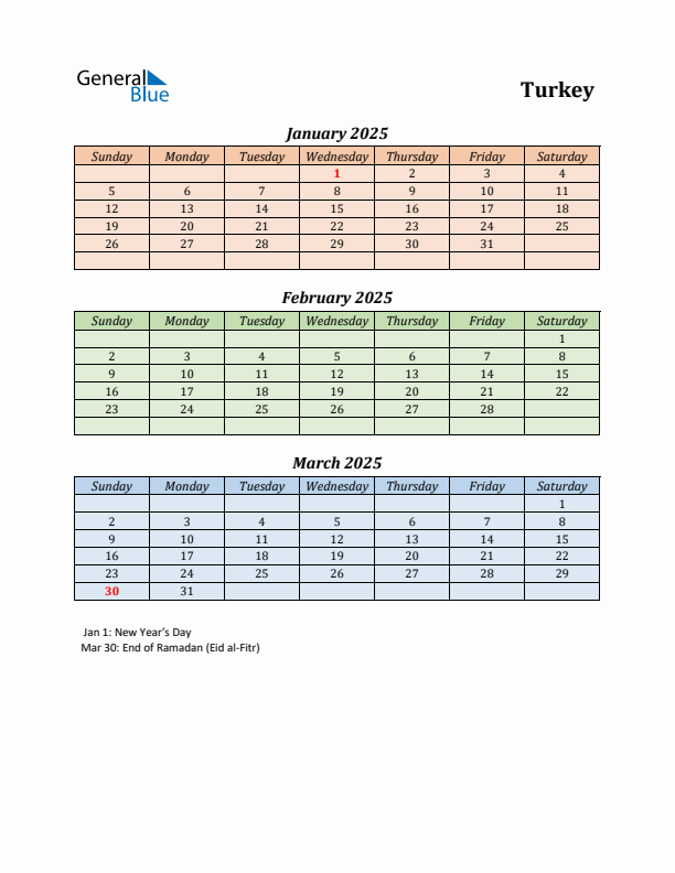 Q1 2025 Holiday Calendar - Turkey