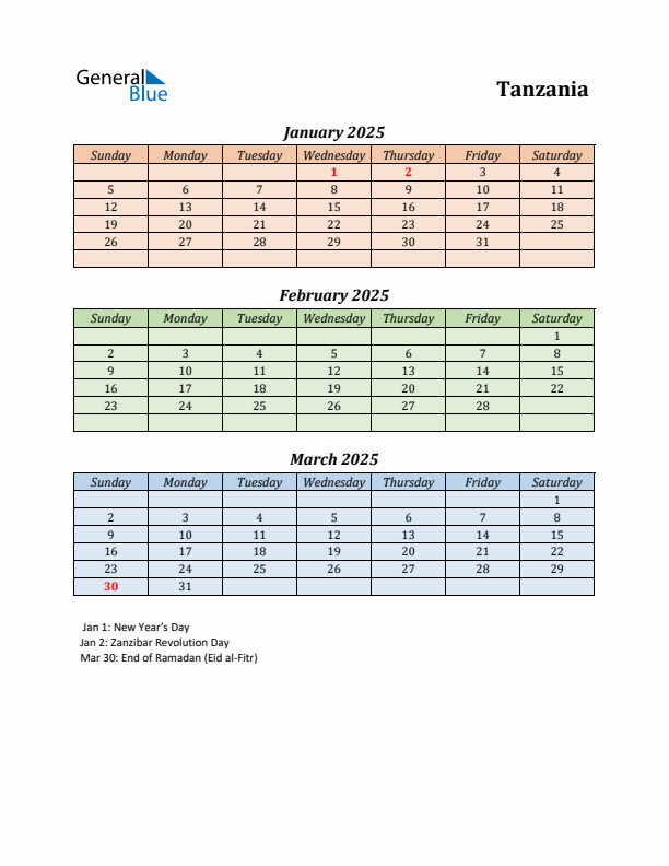 Q1 2025 Holiday Calendar - Tanzania