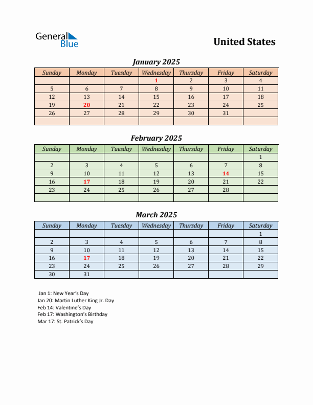 Q1 2025 Holiday Calendar - United States