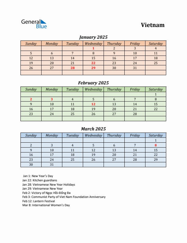 Q1 2025 Holiday Calendar - Vietnam