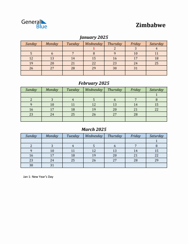 Q1 2025 Holiday Calendar - Zimbabwe