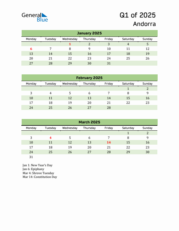 Quarterly Calendar 2025 with Andorra Holidays