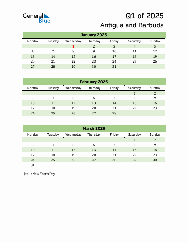 Quarterly Calendar 2025 with Antigua and Barbuda Holidays