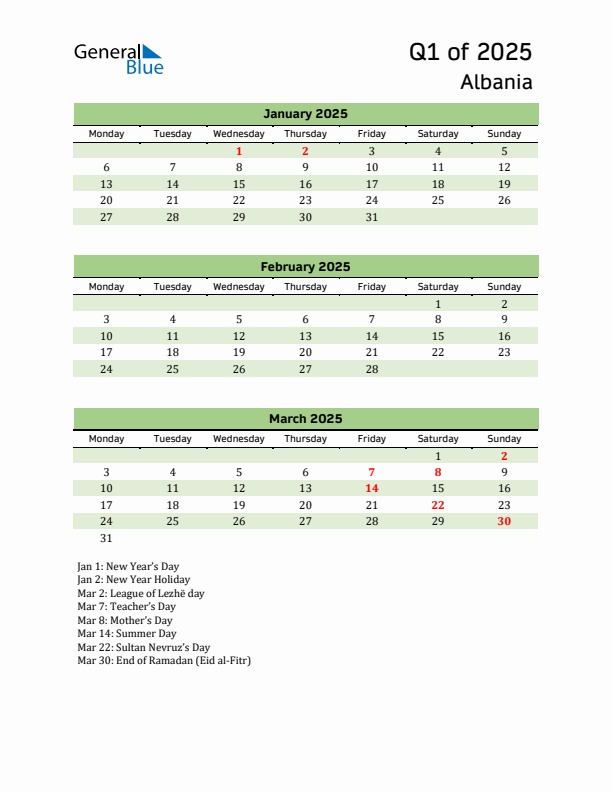 Quarterly Calendar 2025 with Albania Holidays