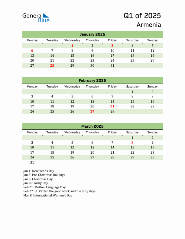 Quarterly Calendar 2025 with Armenia Holidays