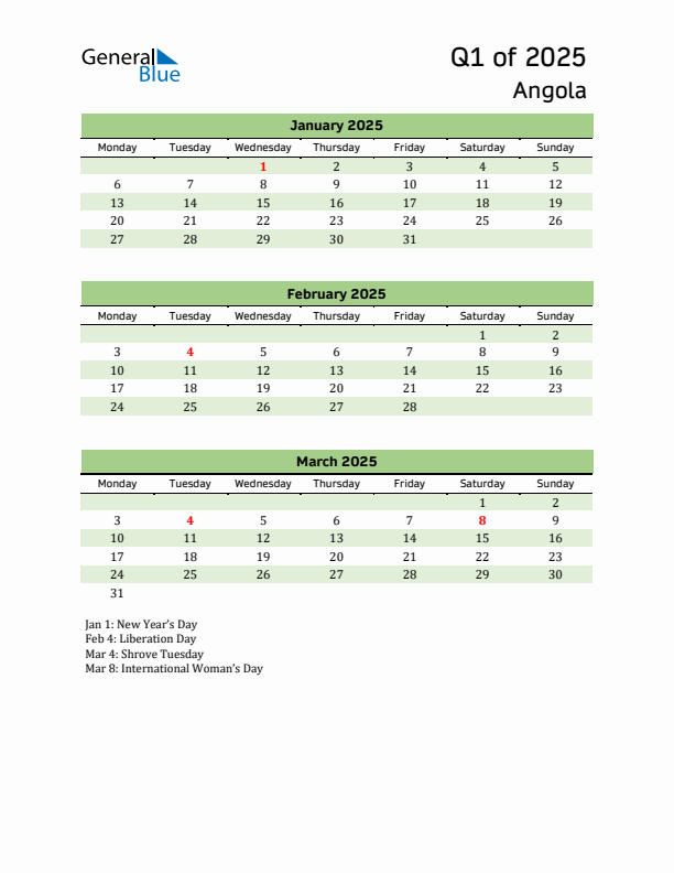 Quarterly Calendar 2025 with Angola Holidays