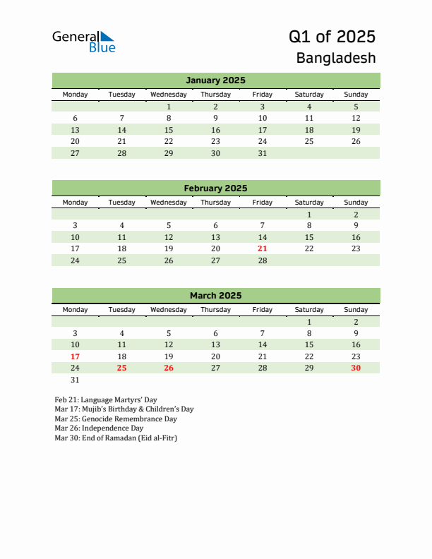 Quarterly Calendar 2025 with Bangladesh Holidays