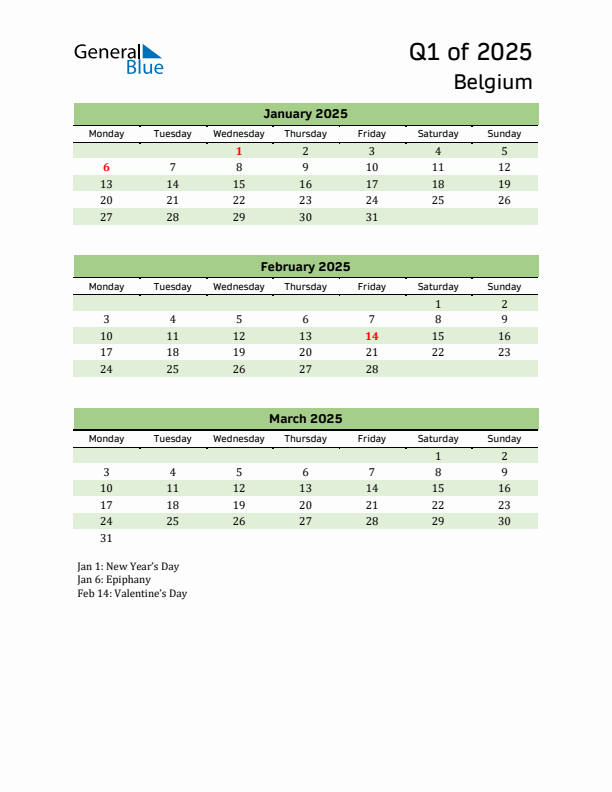 Quarterly Calendar 2025 with Belgium Holidays