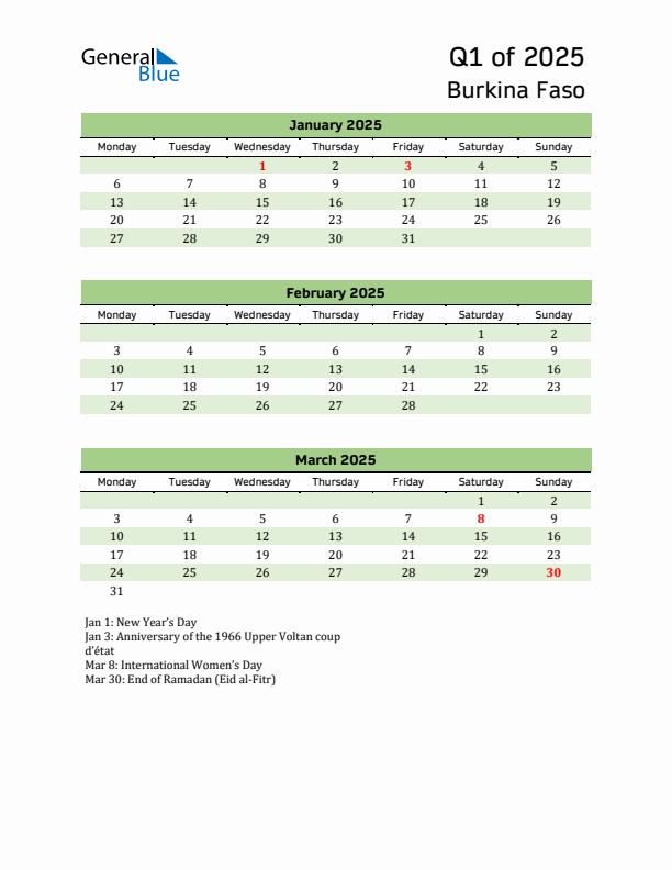 Quarterly Calendar 2025 with Burkina Faso Holidays