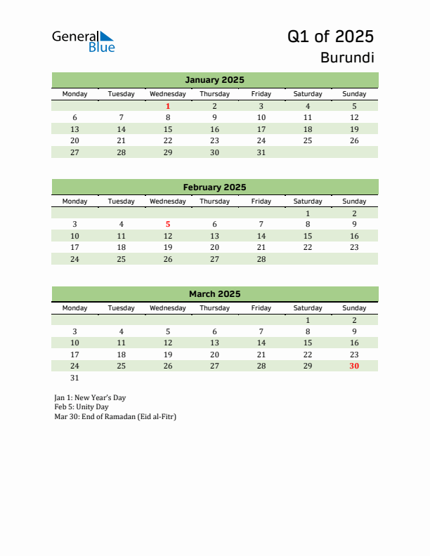 Quarterly Calendar 2025 with Burundi Holidays