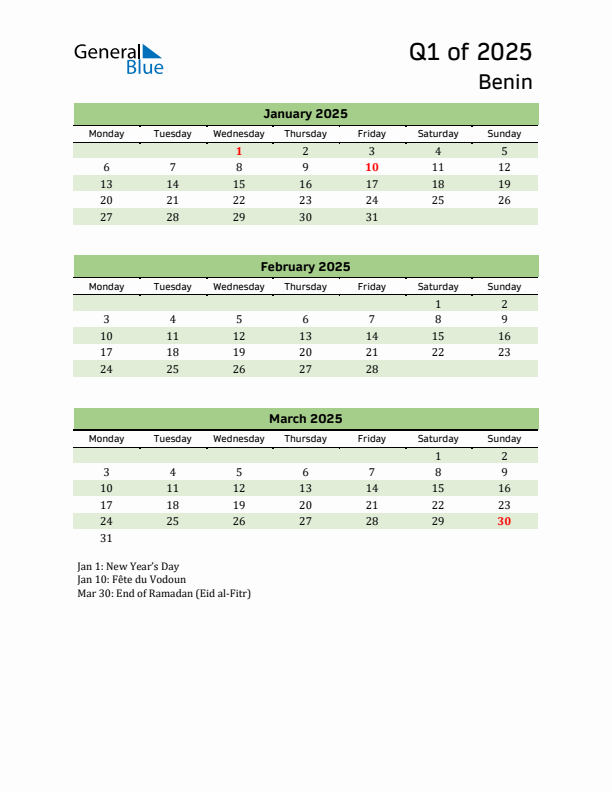 Quarterly Calendar 2025 with Benin Holidays