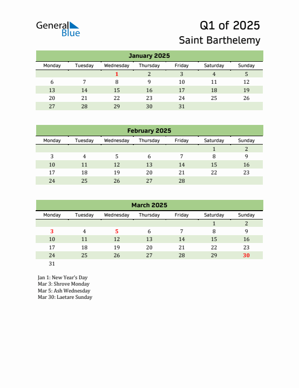 Quarterly Calendar 2025 with Saint Barthelemy Holidays