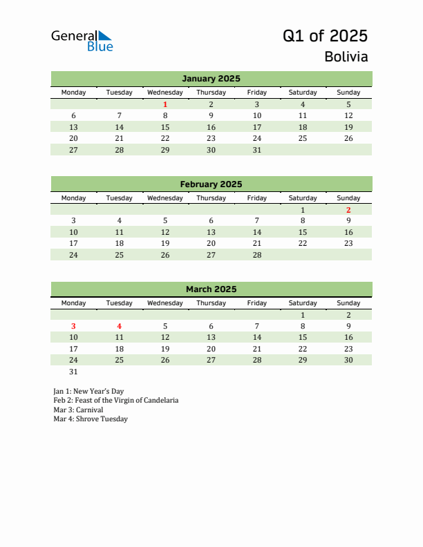 Quarterly Calendar 2025 with Bolivia Holidays