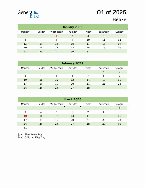 Quarterly Calendar 2025 with Belize Holidays