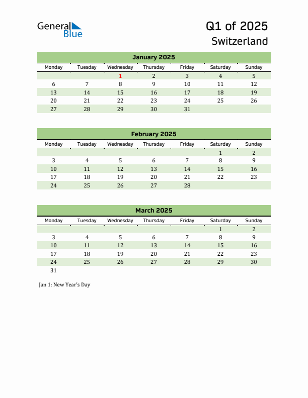 Quarterly Calendar 2025 with Switzerland Holidays