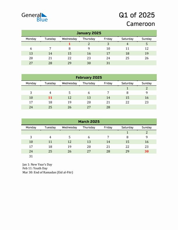 Quarterly Calendar 2025 with Cameroon Holidays