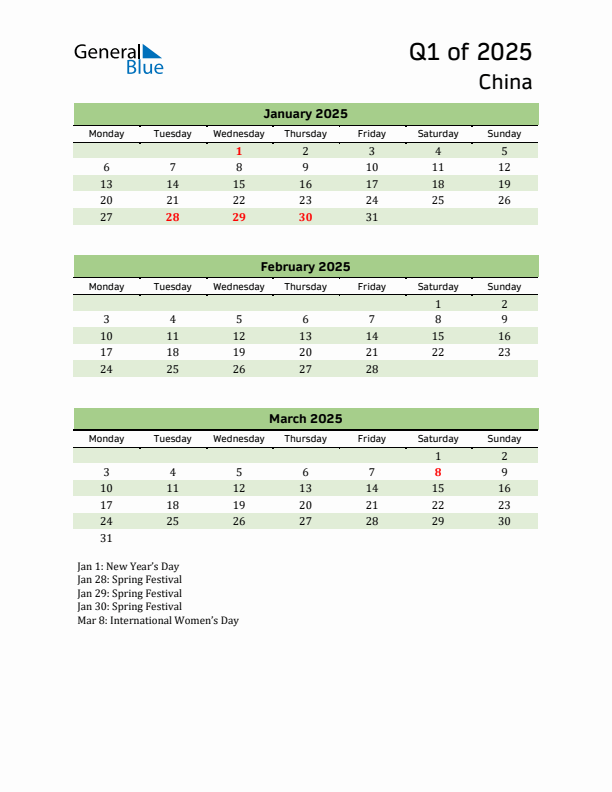 Quarterly Calendar 2025 with China Holidays