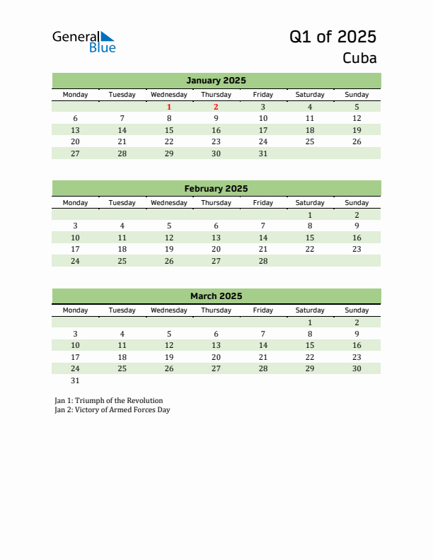 Quarterly Calendar 2025 with Cuba Holidays