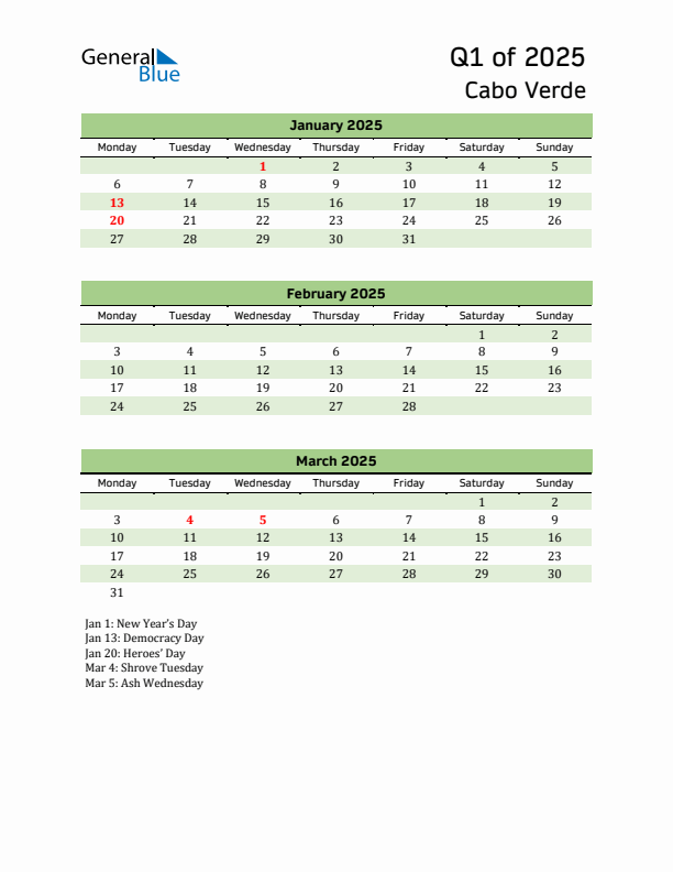 Quarterly Calendar 2025 with Cabo Verde Holidays