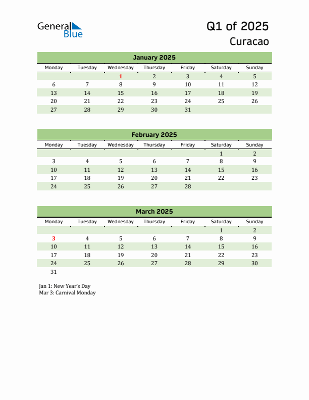 Quarterly Calendar 2025 with Curacao Holidays