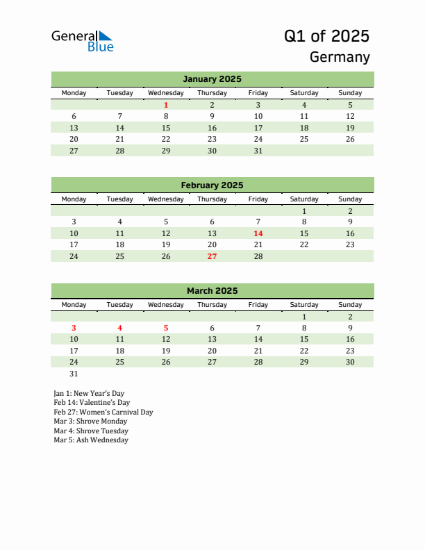 Quarterly Calendar 2025 with Germany Holidays