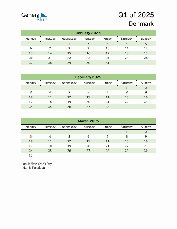 Quarterly Calendar 2025 with Denmark Holidays