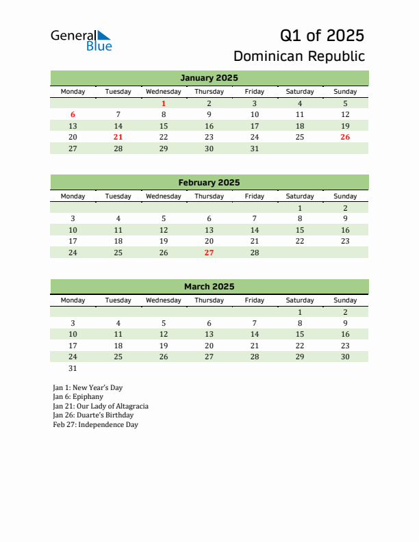 Quarterly Calendar 2025 with Dominican Republic Holidays