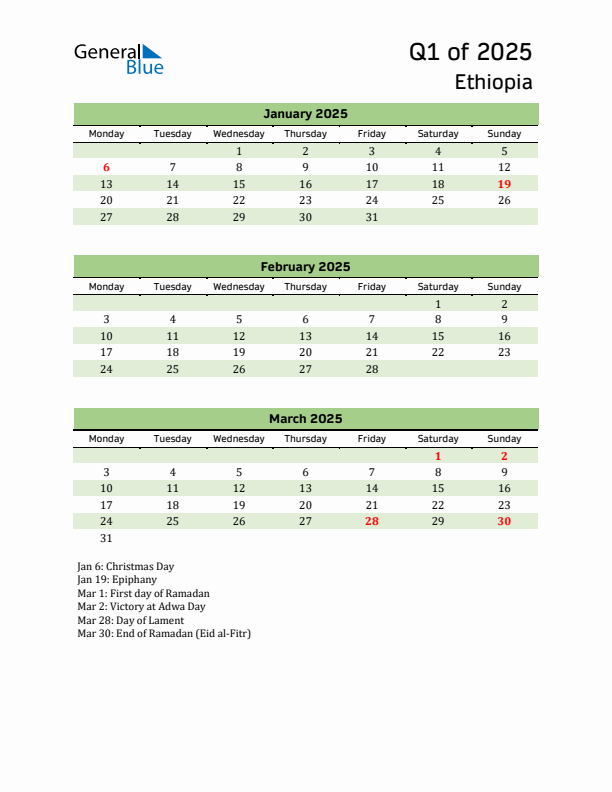 Quarterly Calendar 2025 with Ethiopia Holidays