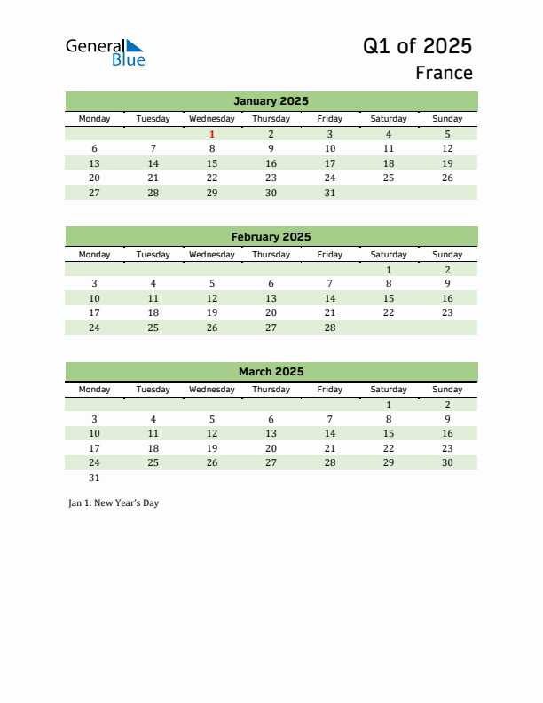 Quarterly Calendar 2025 with France Holidays