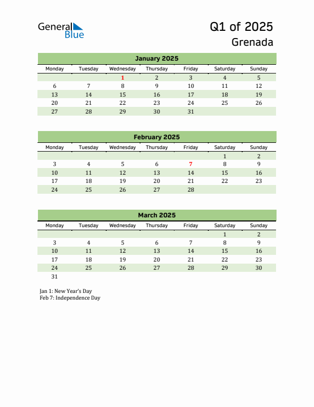 Quarterly Calendar 2025 with Grenada Holidays