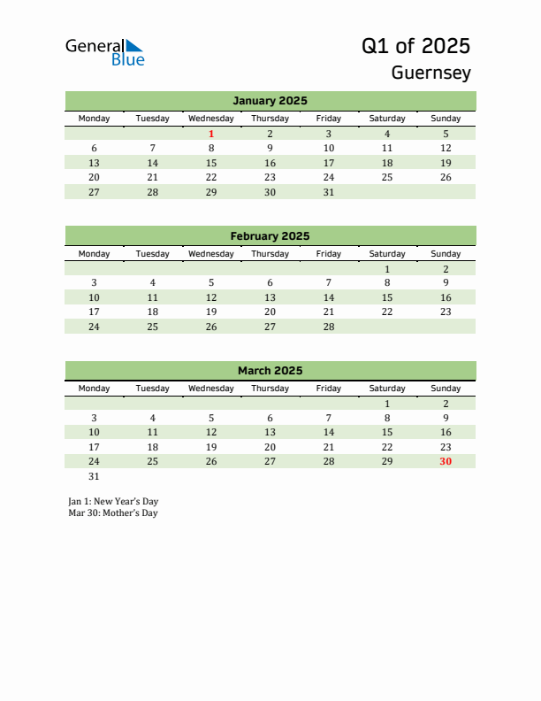 Quarterly Calendar 2025 with Guernsey Holidays