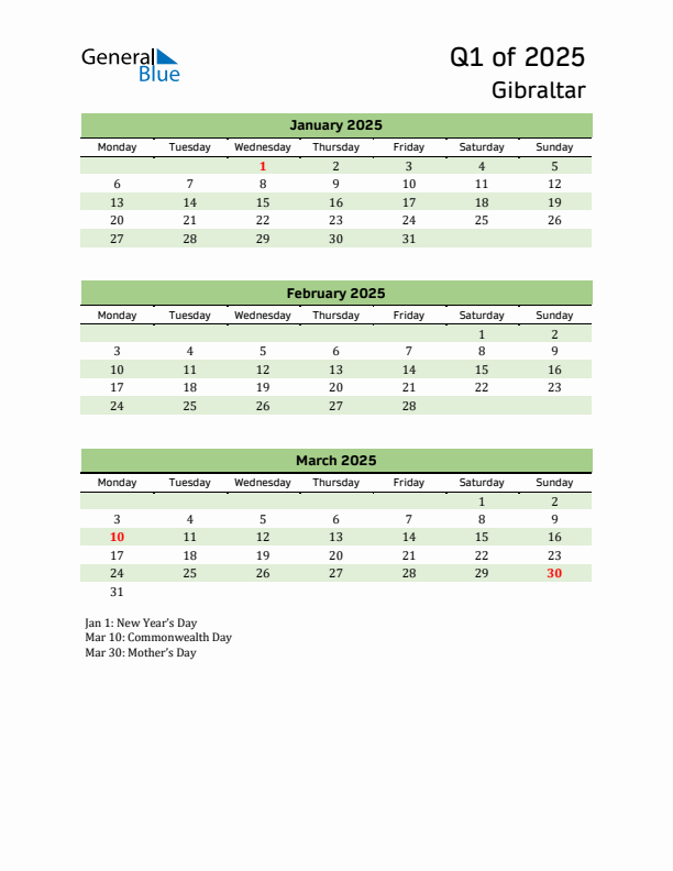 Quarterly Calendar 2025 with Gibraltar Holidays