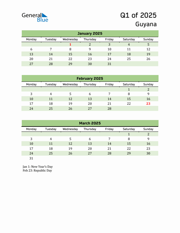 Quarterly Calendar 2025 with Guyana Holidays