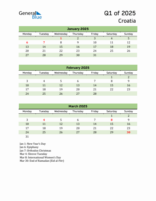 Quarterly Calendar 2025 with Croatia Holidays