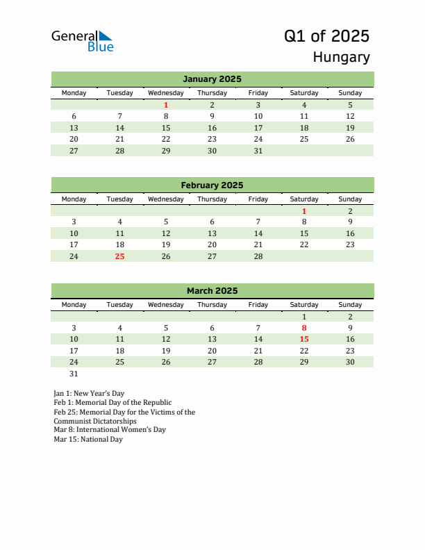 Quarterly Calendar 2025 with Hungary Holidays