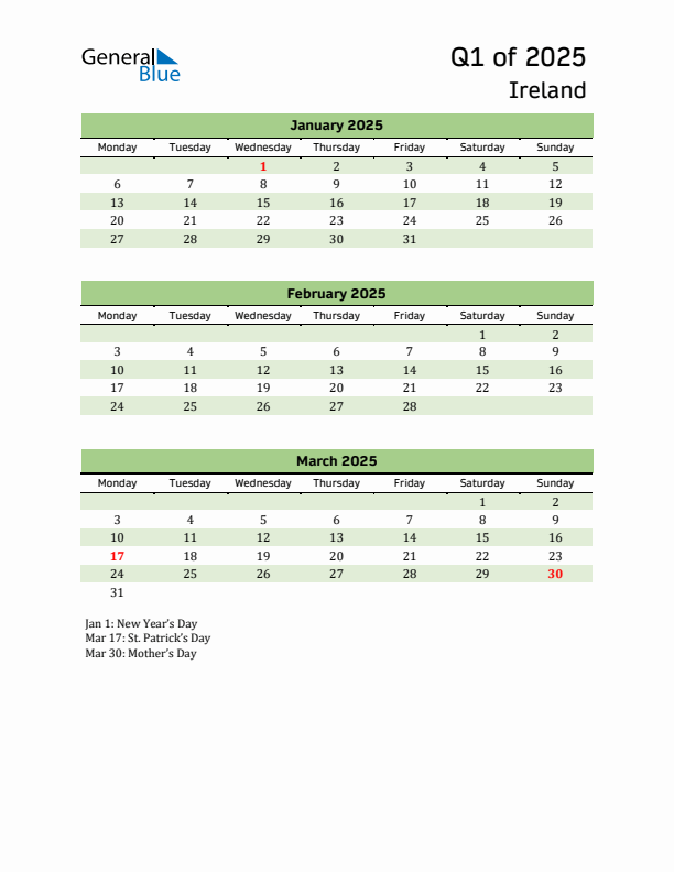 Quarterly Calendar 2025 with Ireland Holidays