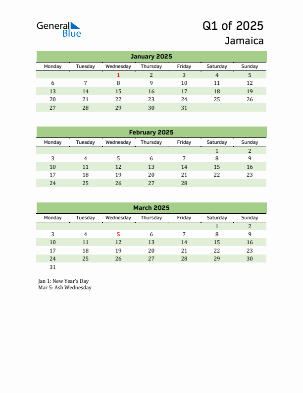 Quarterly Calendar 2025 with Jamaica Holidays